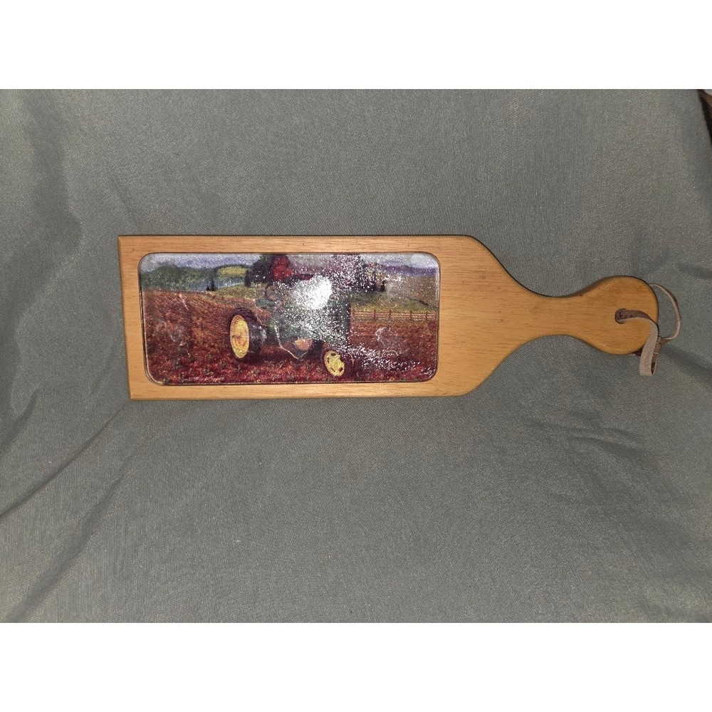 Vintage Wooden Cutting Board John Deer Tractor Farm Scene Glass Inlay